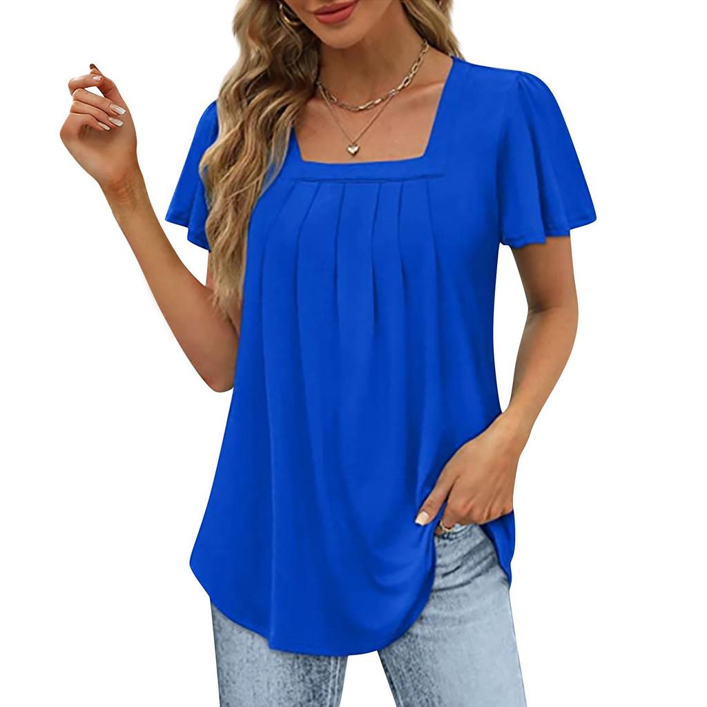 Ladies Color Square Neck Short Sleeve Ruched Breathable Short Sleeve Top
