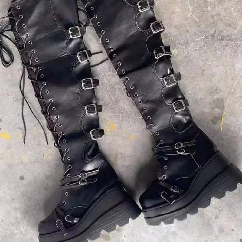 Fashion Punk Over-the-knee Boots Women Platform Heels Belt Buckle  Boot Motorcycle Goth Shoe Thigh High Flat Boots Plus Size 42 43