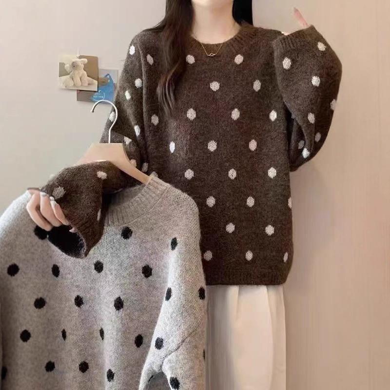 Khaki Polka Dot Pullover Sweater for Women New Autumn and Winter Thickened Loose Casual Lazy Style Sweater