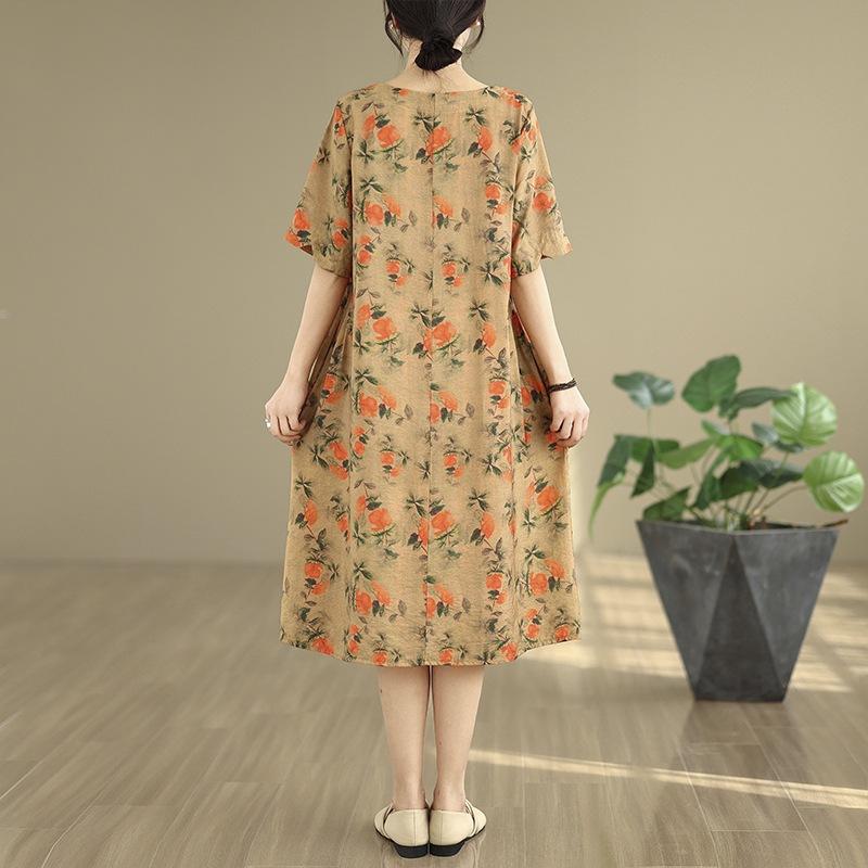 Crew neck short sleeve printed cotton and linen dress women's 2025 summer new women's clothing temperament mother medium and long A-shaped skirt