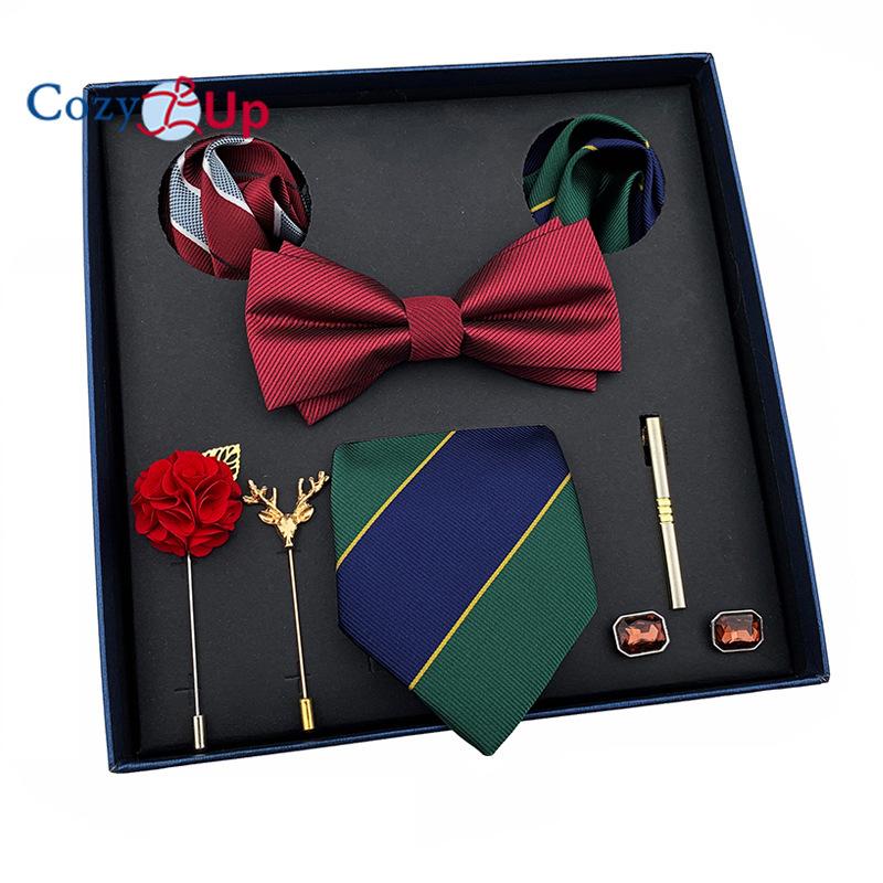 7 PCS Classic Men's  Tie Set Paisley Stripe Necktie for Men Pocket Square Bowtie  Brooch Cuff Father's Day Gift Box