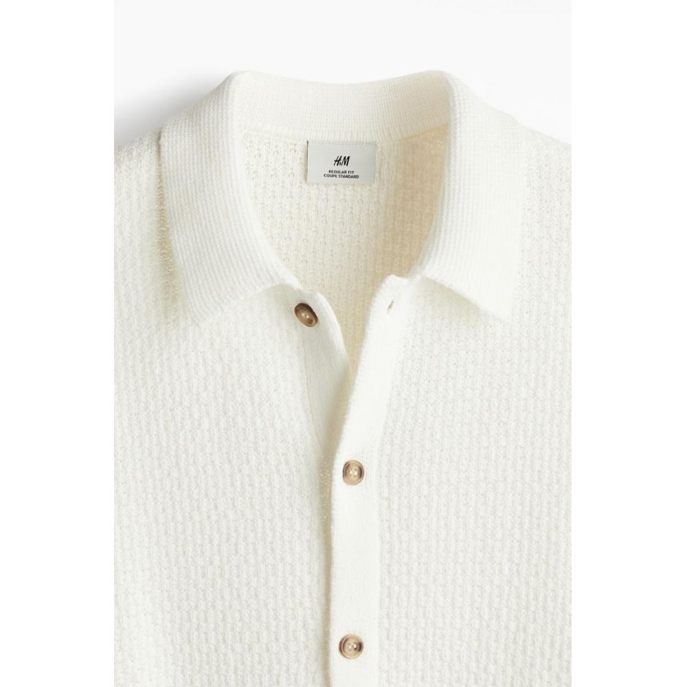 H M Regular Fit Textured Knit sHirt creaM