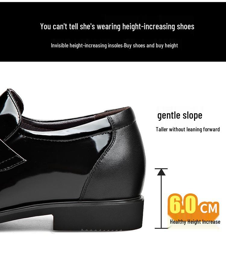 Men's Formal Leather Shoes with Height Increase - Genuine Shiny Cowhide for Business & Weddings