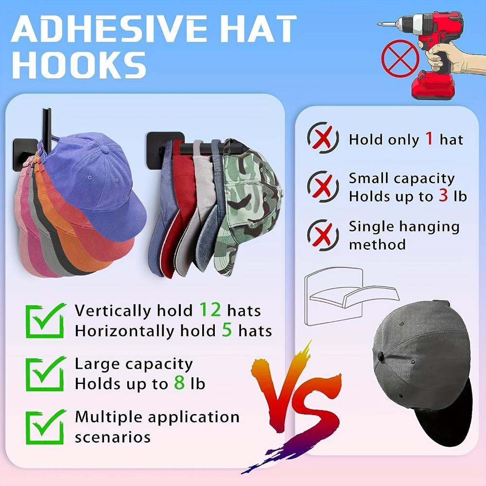 2/4/6Pcs Caps Holder Hat Rack For Baseball Caps Adhesive Hat Hooks For Wall Cap Hanger Storage No Drilling Hat Display Organizer