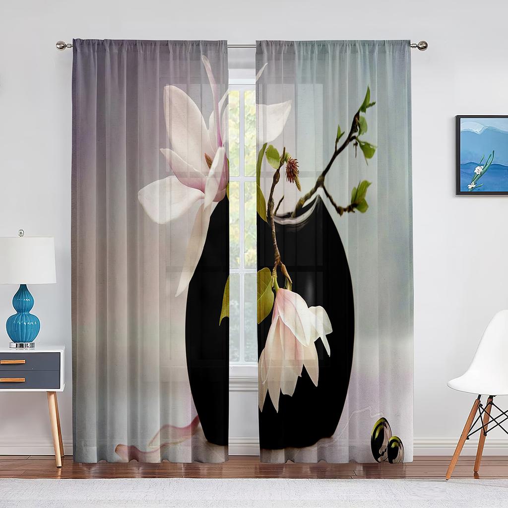 Weißer transparenter Vorhang mit Magnolienblumenmuster für Wohnzimmer, Küche, Fenster, Schlafzimmer, Dekoration, Blumen-Voile, zum Aufhängen, eleganter Tüllvorhang