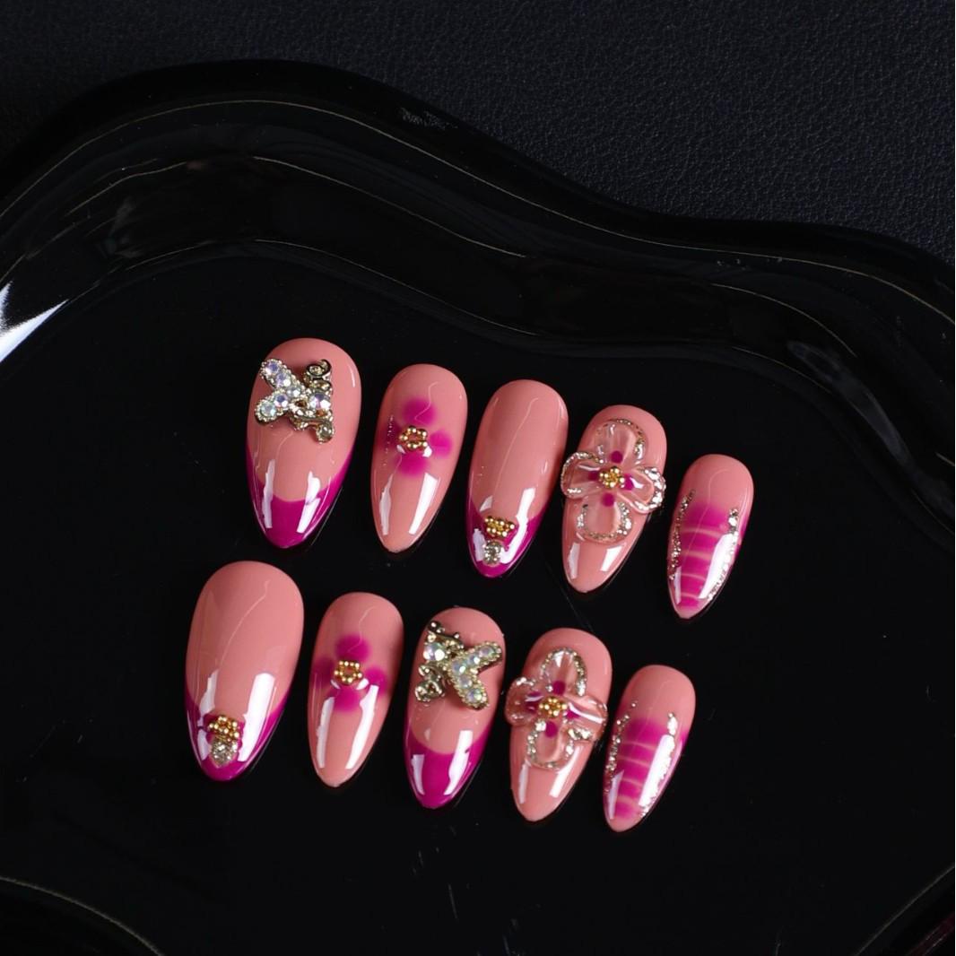 2026 Handmade Press-on Nails: French Star Diamond & 3D Flower Design Large