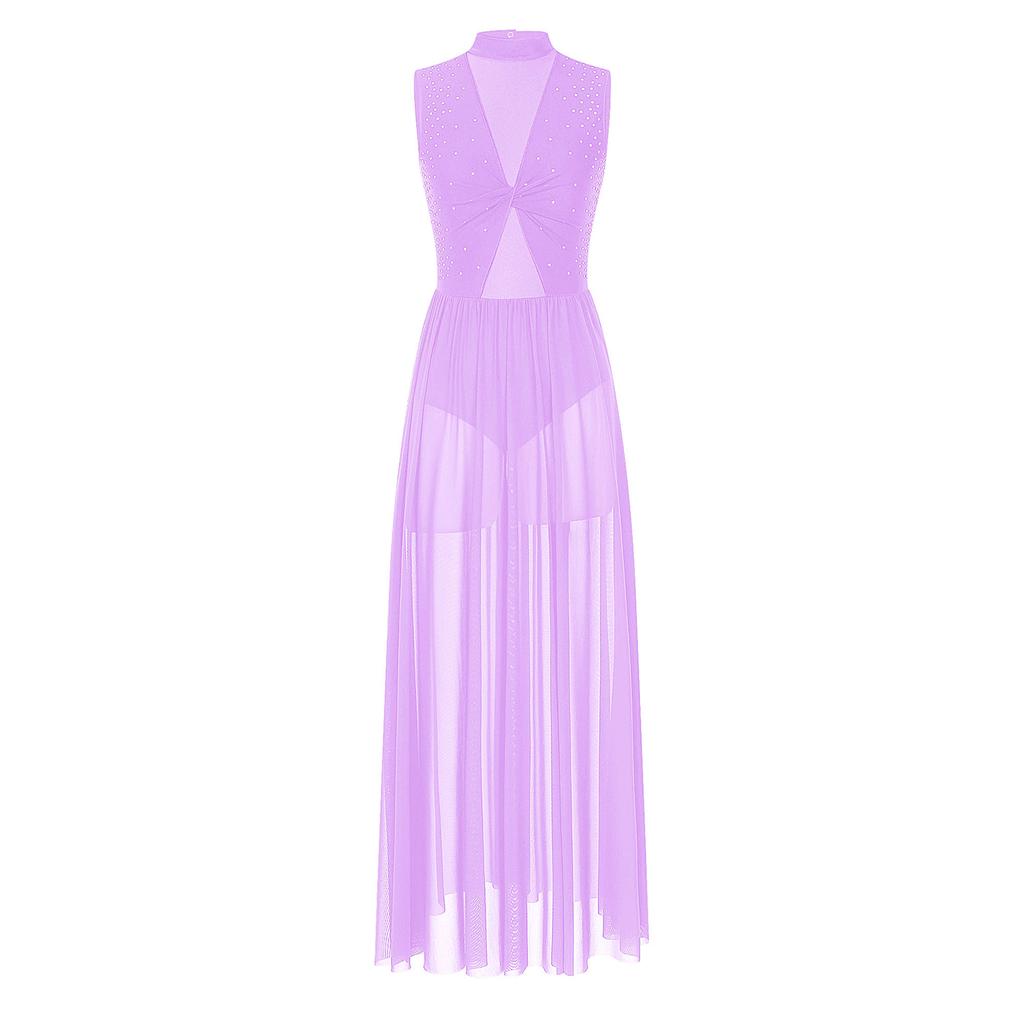 Womens Shiny Rhinestone Lyrical Dance Dress Mock Neck Sleeveless Open Back Twist Front Sheer Mesh Overlay Leotard
