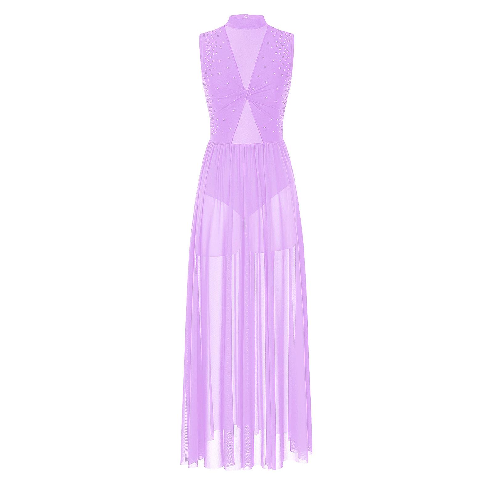 

Жіноча блискуча сукня для ліричного танцю зі стразами, з коміром-стійкою, без рукавів, з відкритою спиною, з перекрутом спереду, леотард з прозорою сітчастою накладкою S світло-фіолетового кольору