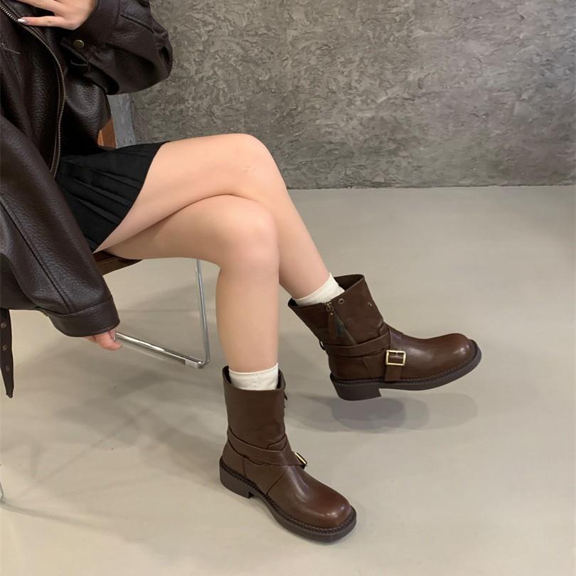 Retro British style round head belt buckle Martin boots women's 2025 autumn and winter new soft-soled versatile Chelsea short boots