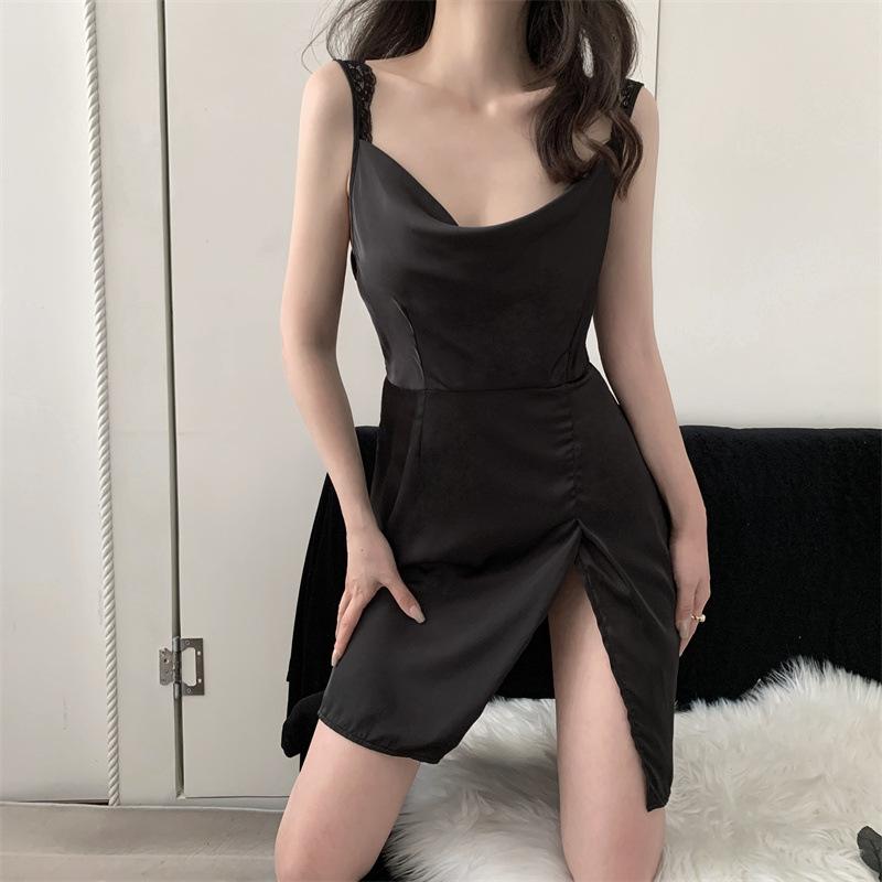 

Летняя новая женская сорочка ночная рубашка пижамы сексуальная мини разрез спинки ночная рубашка интимное белье шелковистое атласное кружевное домашнее платье M