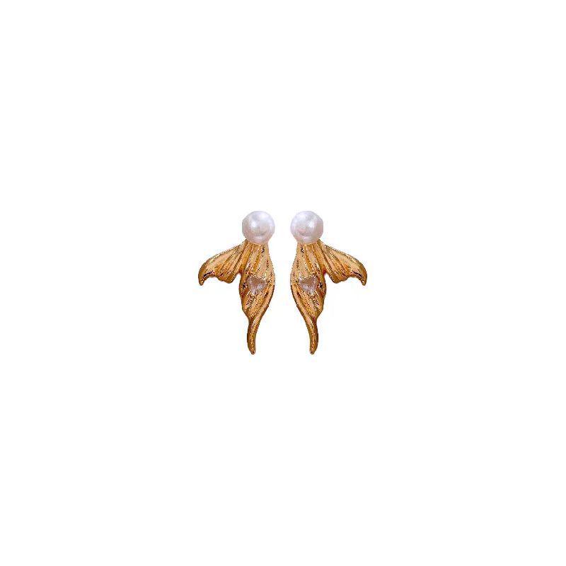 Exquisite French Zircon Heart & Pearl Mermaid Tail Stud Earrings - Personalized, Creative Two-Way Design