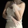 Women Elegant Pleated Edge Pearl Wedding Gloves Bridal Short Tulle Sheer Gloves Proms Costume Occasion Gloves