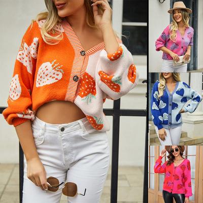 2023 Autumn/winter Women's Casual Sweater V-neck Button Cardigan Strawberry Coat Sweater