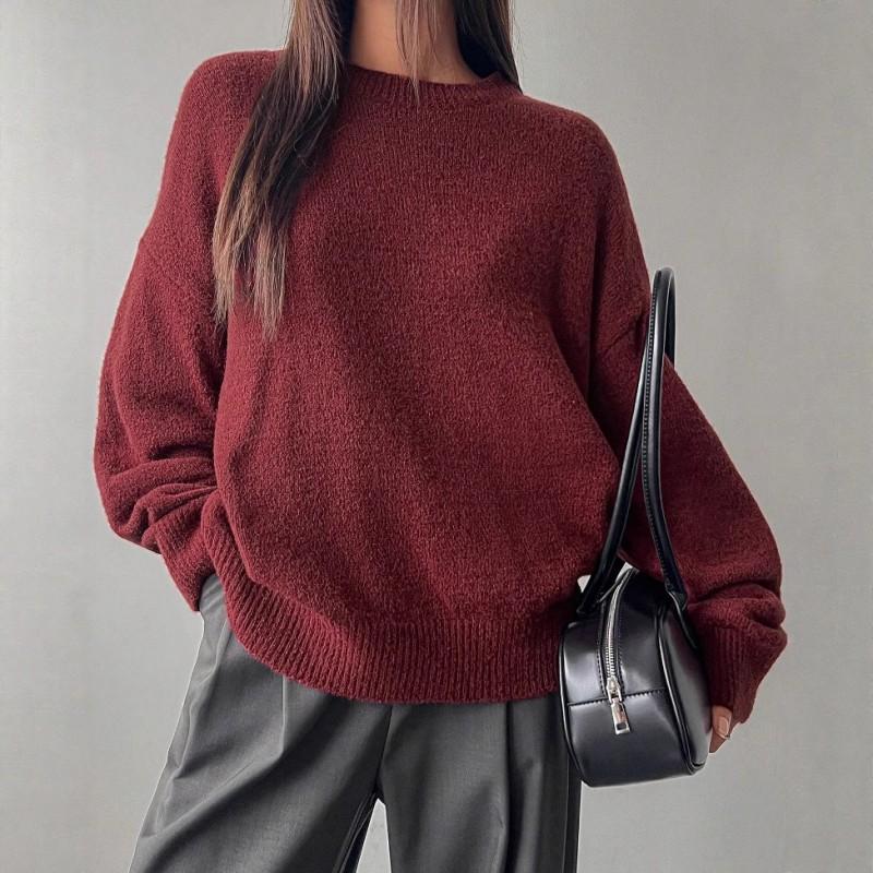 Womens Oversized Crew Neck Knit Sweater Loose Fit Casual Pullover Winter Solid Color Acrylic Blend