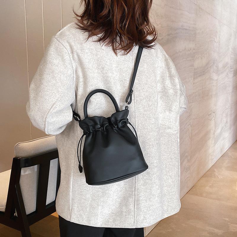 Mini Drawstring Bucket Bag PU Leather Simple Portable Shoulder Trendy Messenger Bag Female Ins Solid Color Small Bag