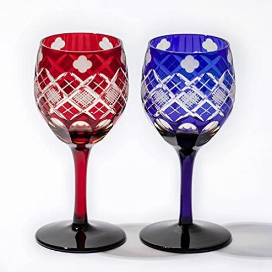 Official Direct Sales from Taiburo Edo Kiriko and Yarai Nanko Pattern Wine Pair Red and Amber Wooden Made in Japan Studio Four-Leaf Glasses, (Amber