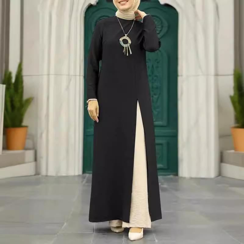 Elegant Ice Silk Crinkle Long Sleeve High-Slit Dress for Muslim Women