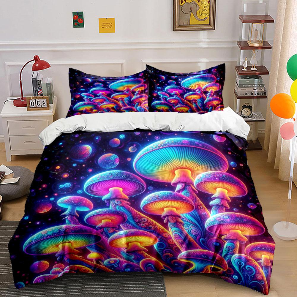 Colorful Glowing Mushroom Print Bedding Duvet Cover Set Duvet Cover Pillowcases (1 * Duvet Cover 2 * Pillowcases, Without Duvet Insert)