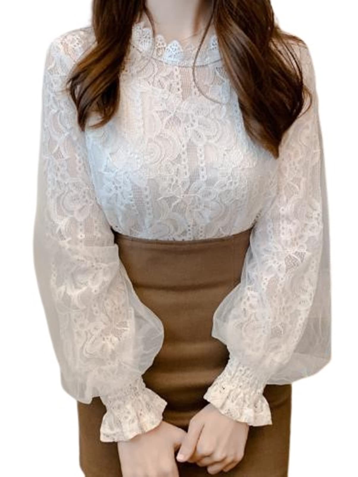 

Белая блузка с высоким воротником и длинным повседневным кружевным топом с оборками и рукавами [toasoa] Женские оборки, рукава, стильная, формальная, офисная, для ношения, белый