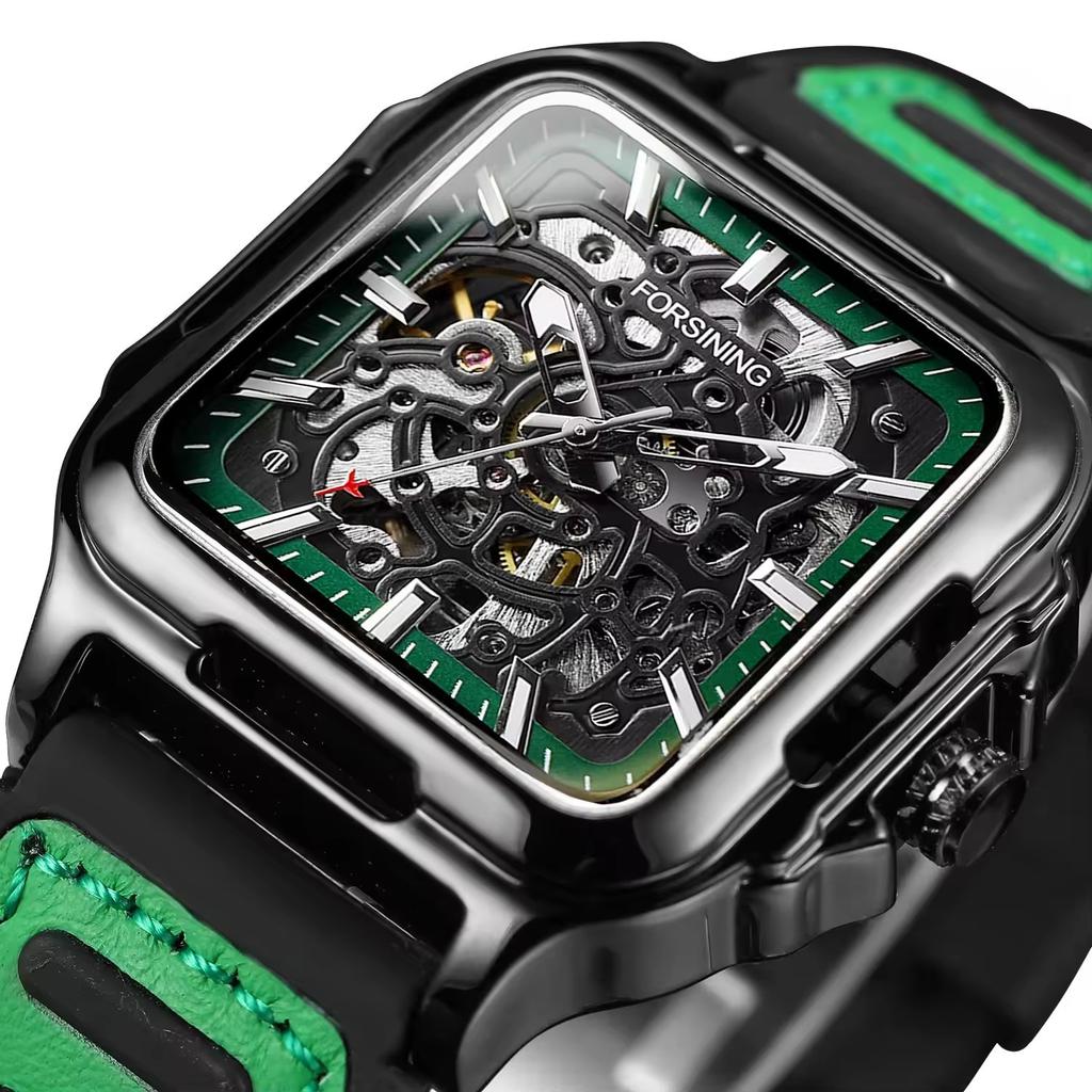 Forsining Square Dial Skeleton Watch Automatic Watch for Men Luxury Sports Mechanical Wristwatch Waterproof Luminous Leather Band