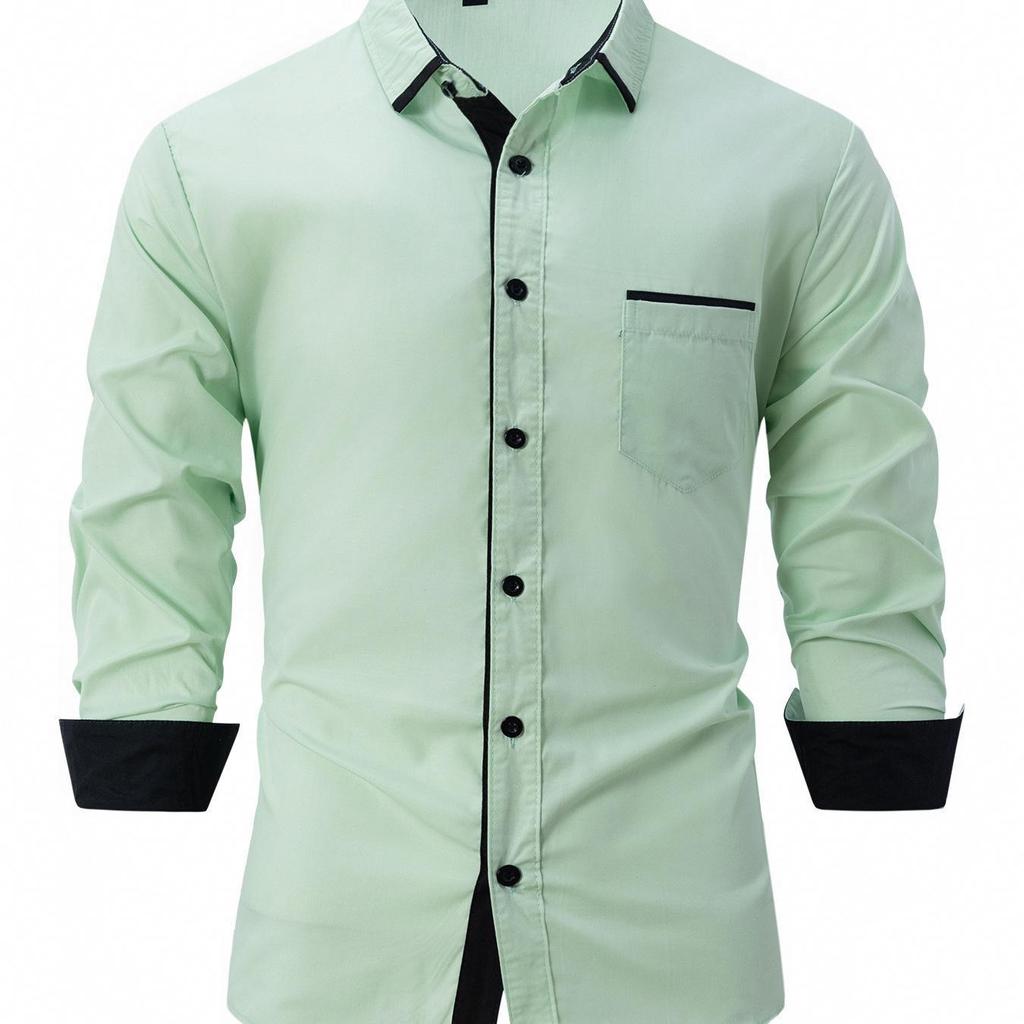 2026 Men's Slim Fit Color-Block Cotton Long Sleeve Shirt - Spring/Autumn Fashion
