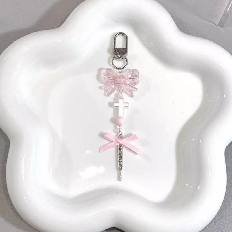 Cute Pink Butterfly Phone Charm Stylish Keychain Pendant Beaded Cellphone Pendant Phone Lanyard for Women and Girls