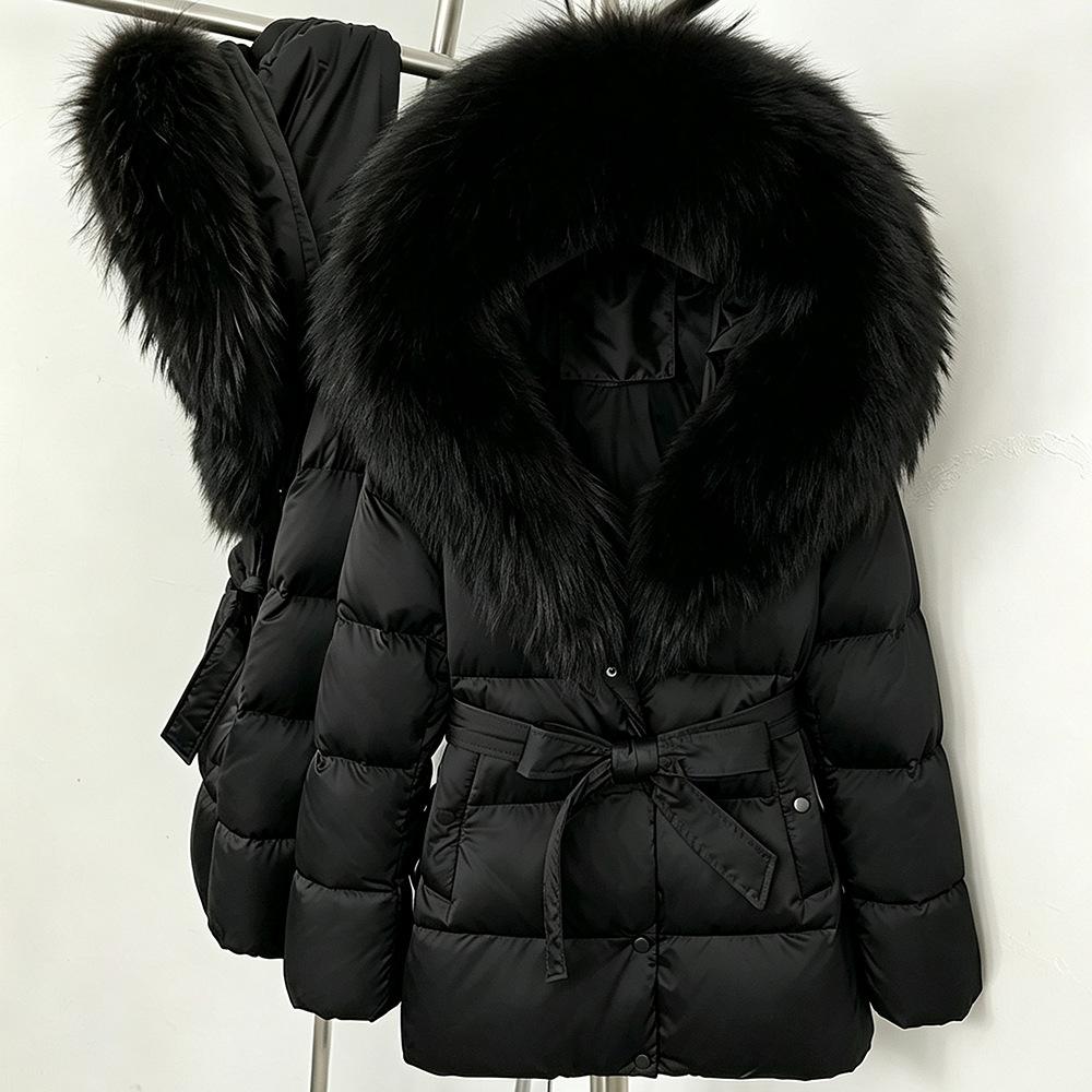 Herbst- und Winter-Locker geschnittene Schnür-Dicke Kapuzen-Daunenjacke Damen Retro Vielseitig Natürlicher Echter Fuchsfellkragen Jacke
