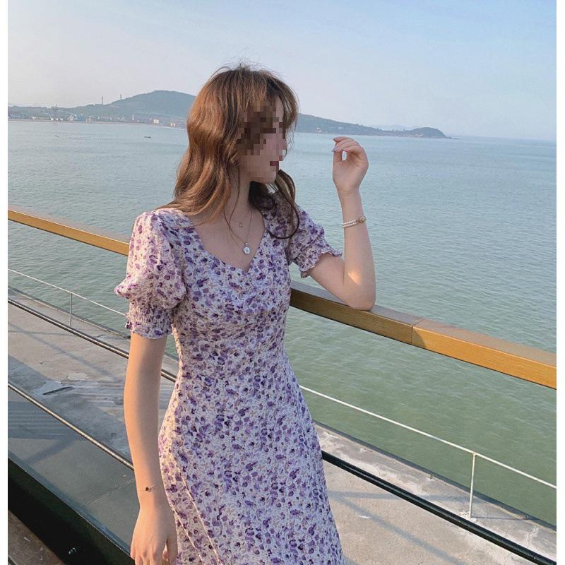 2025 French Retro Puff Sleeve Floral Chiffon Dress in Light Purple for Spring, Summer, and Autumn