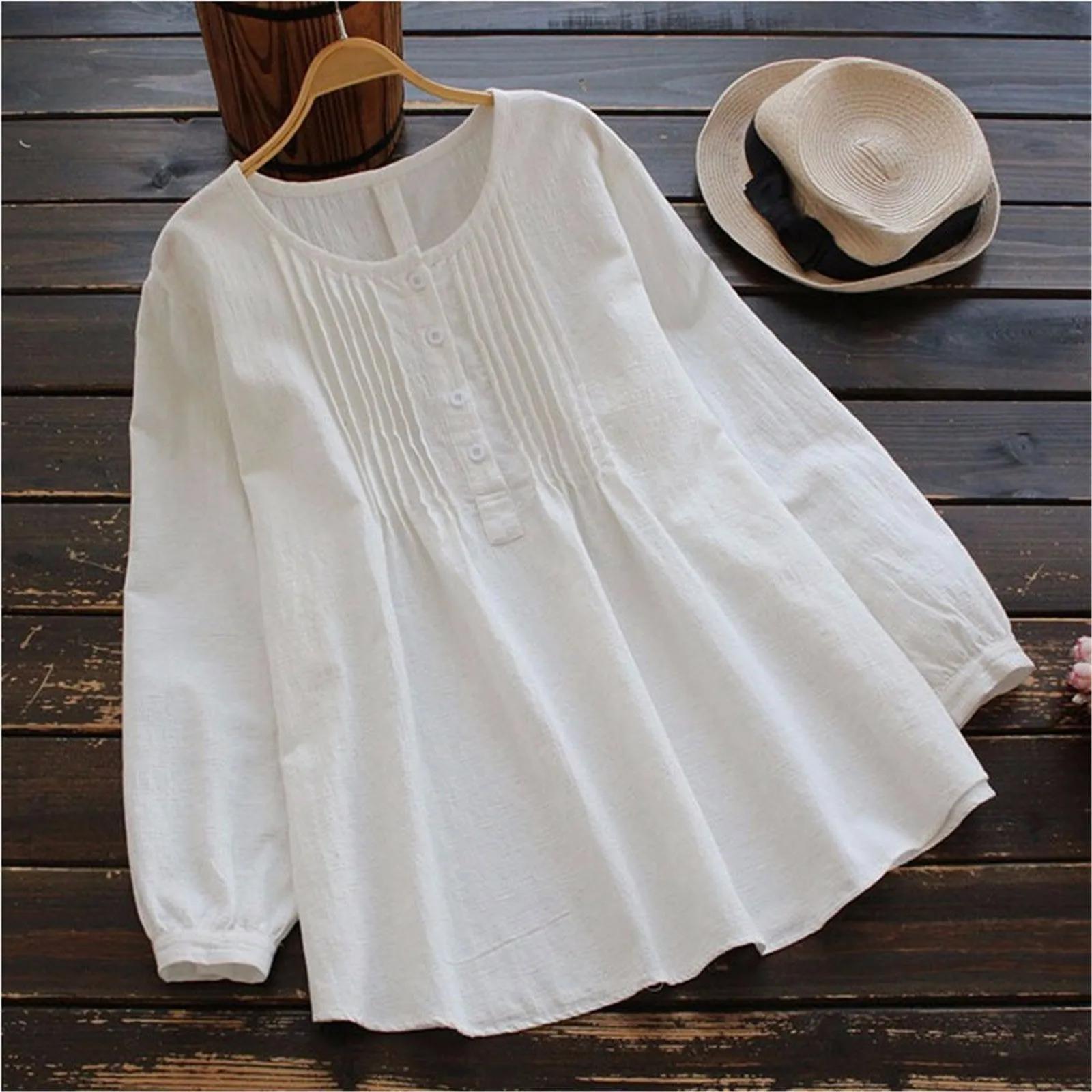 

Women Autumn Cotton Linen Shirt Oversized Tops Casual Blouses Long Sleeve O Neck Loose Shirts Vintage Harajuku Solid Blouse XL белый