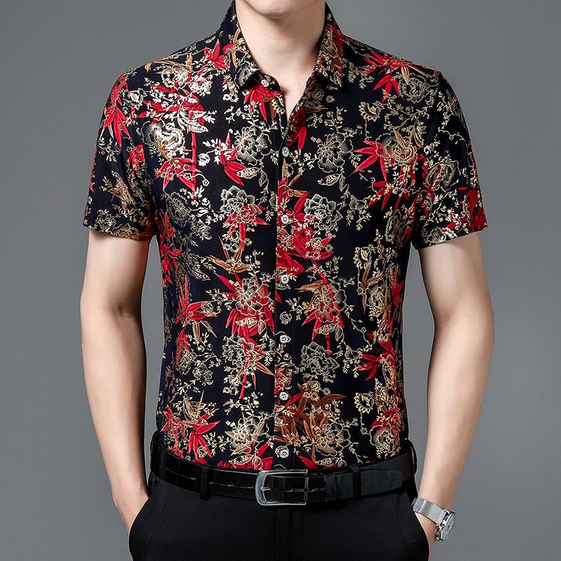 Chinese Bamboo Floral Print Shirt Men Black Base Lapel Short Sleeve Button Down Casual Summer Blouse
