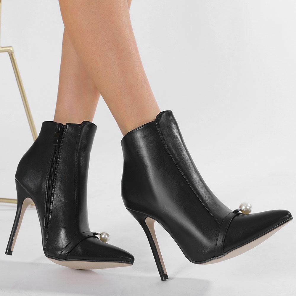 Black Pointed Toe Ankle Boots With Pearl New Zipper Thin Heels Sexy Party Wedding Women Shoes Big Size 42