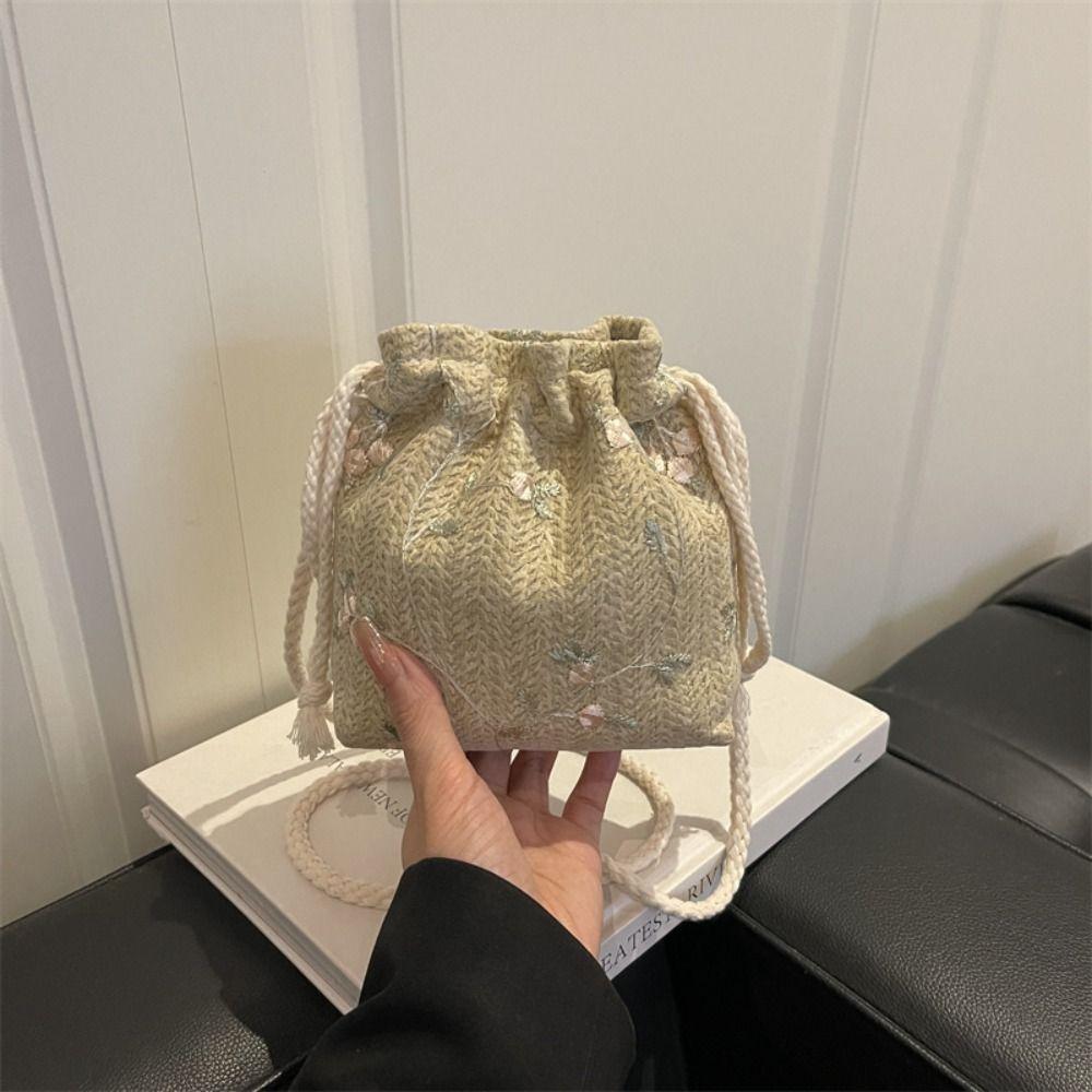 Elegant Straw Bag Lace Woven Beach Bag Leisure Drawstring Bucket Bag  Vacation