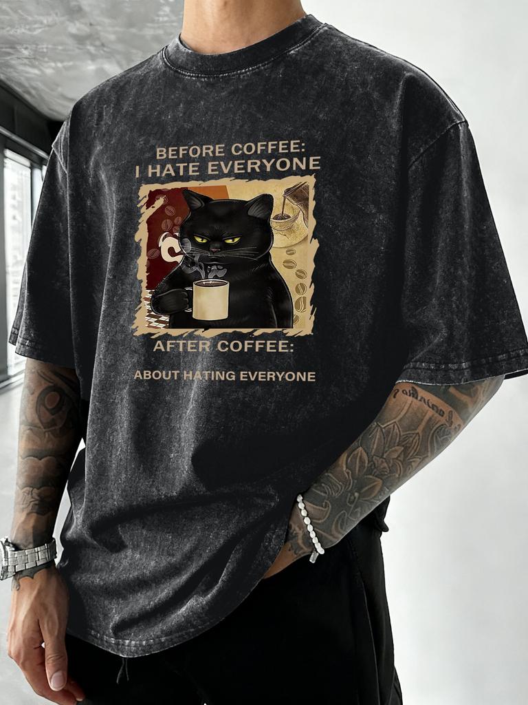 Cats Love To Drink Coffee Print Men Washed TShirt Casual Loose T Shirts Summer Cotton Streetwear Soft Breathable Short Sleeve