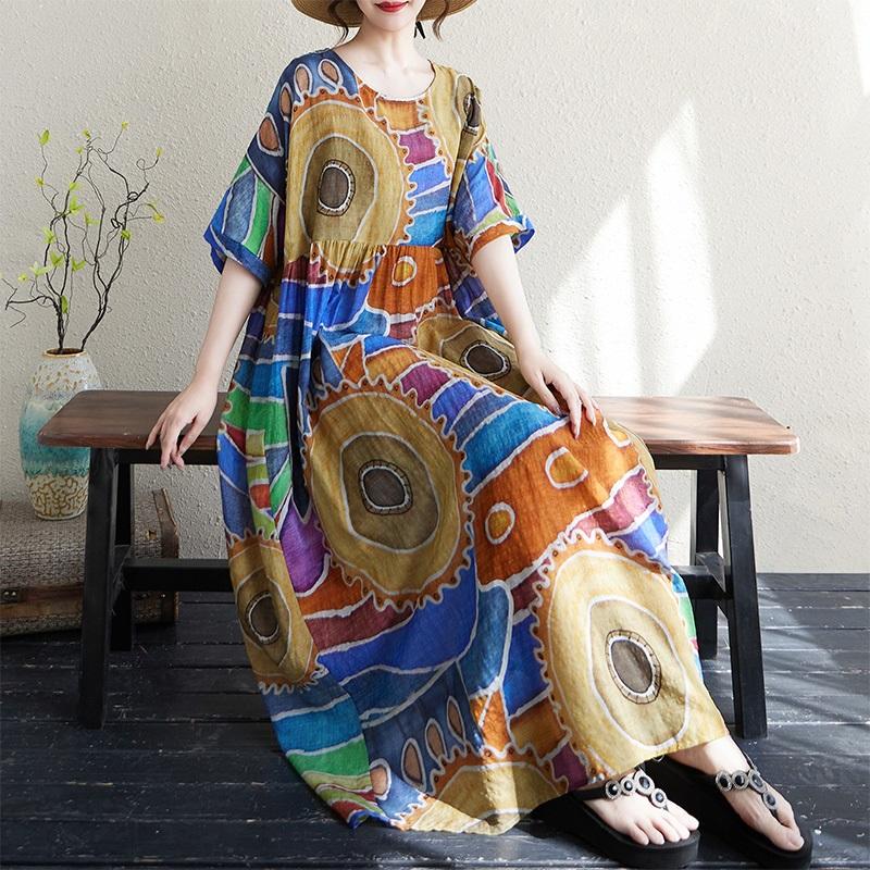 Kurzarm Plus Size Baumwolle Vintage Blumenmuster Neu in Kleidern für Damen lässig locker langes Sommerkleid