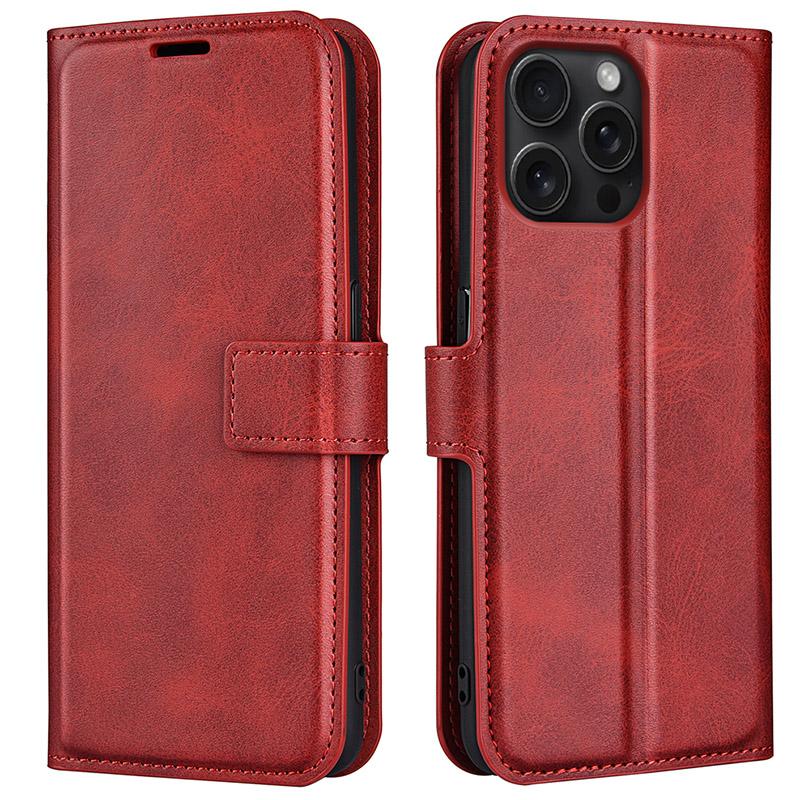 

For iPhone 16 Pro Max Case Calf Texture PU Leather Folio Flip Wallet Phone Cover Red