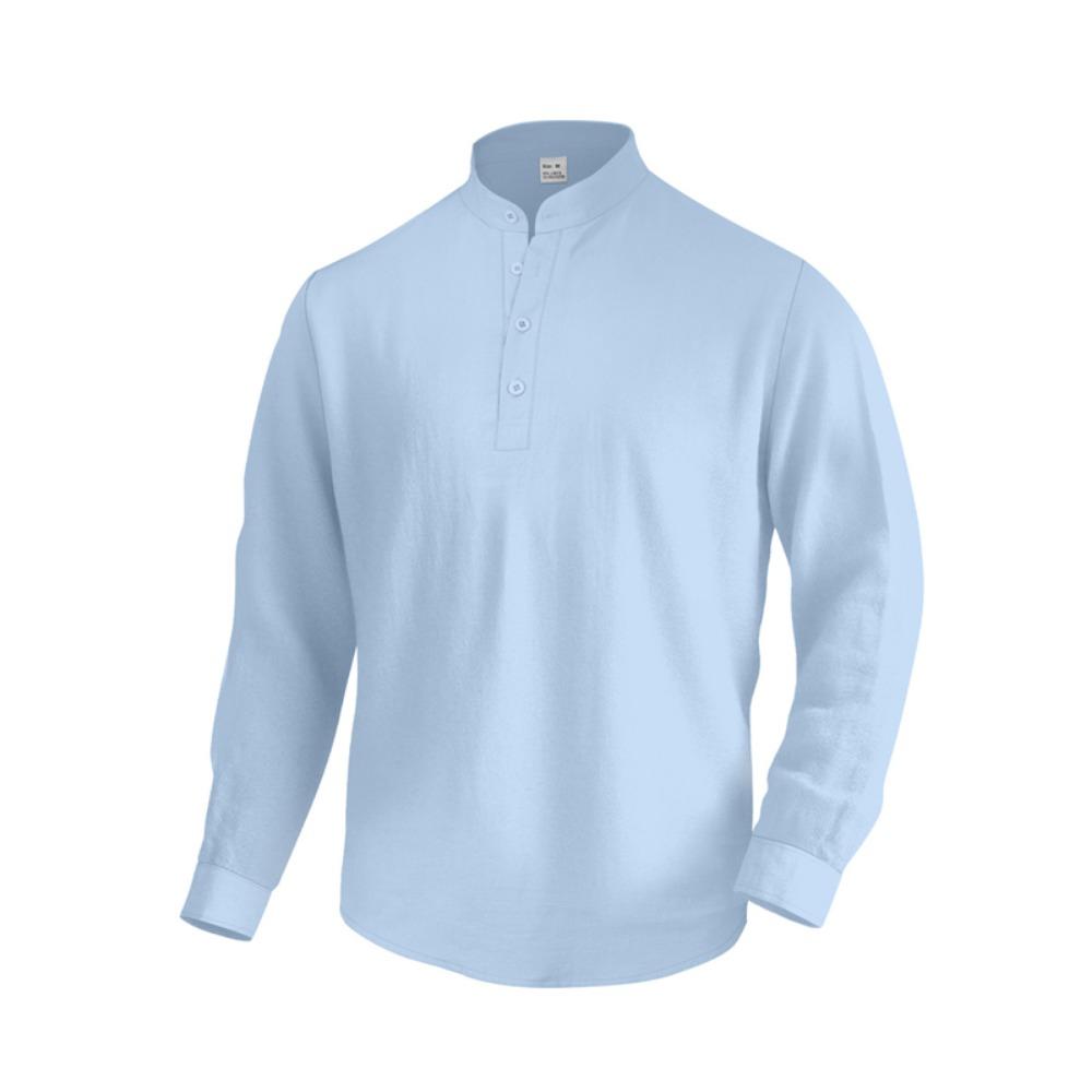 Pánské bavlněné lněné tričko s dlouhým rukávem Tenký volný top Retro Vintage Módní městské oblečení Stojatý střih Mládežnická velikost