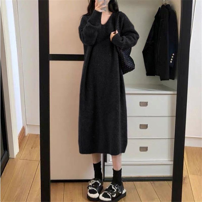 Simple and Versatile Knitted Dress for Women's Autumn and Winter New Loose and Lazy Style with Coat Backing Sweater Long Dress