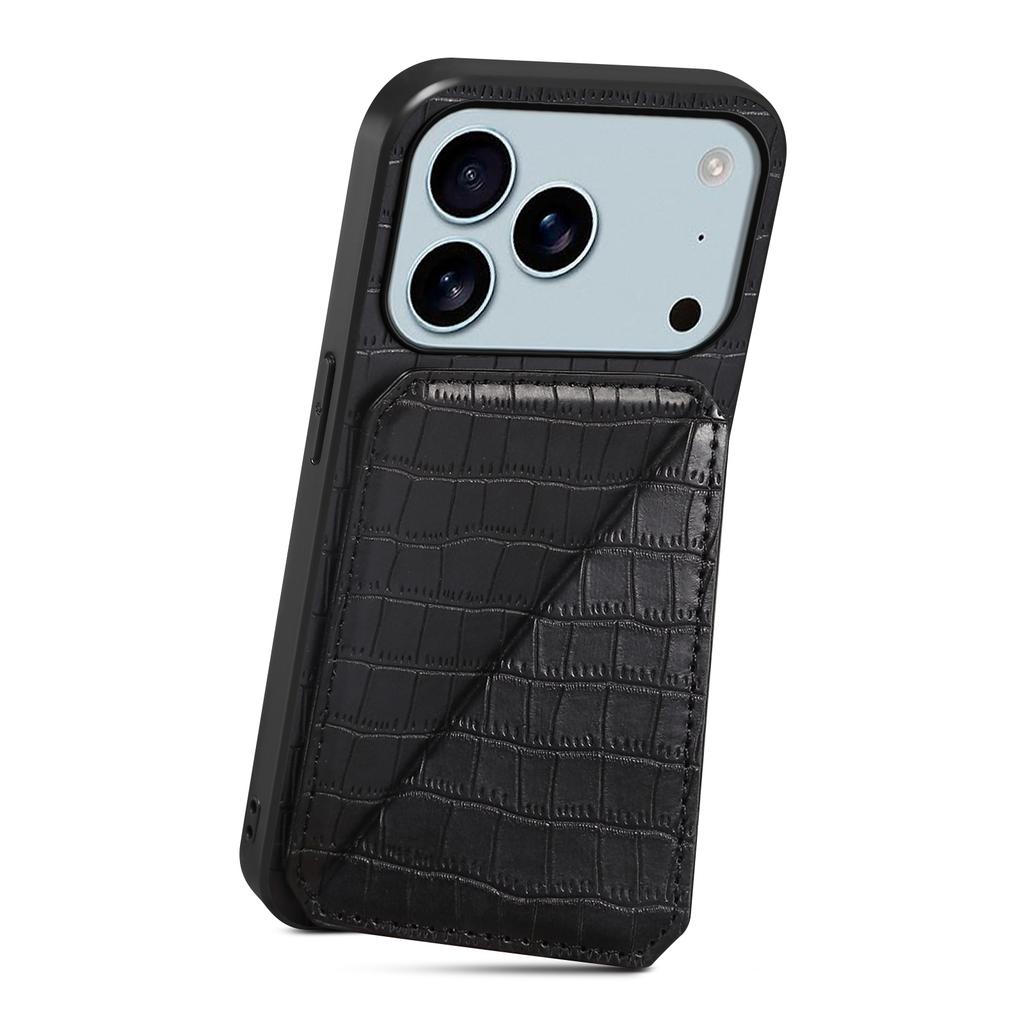 For iPhone 17 Pro Case with Card Holder Leather+PC+TPU Crocodile Textured Back Cover