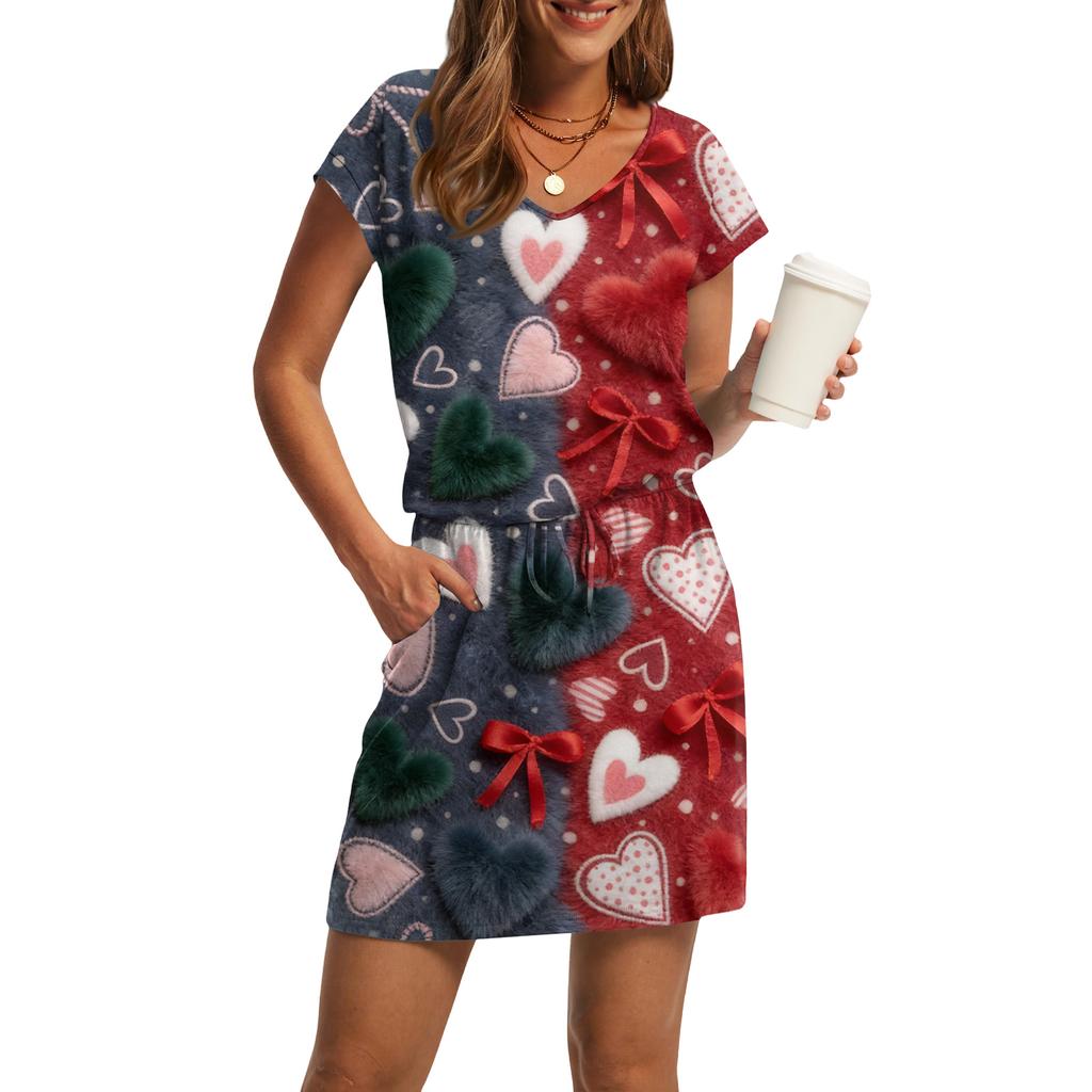 Women's V,Neck Short,Sleeve Drawstring Pocket Valentine's Day Print Casual Dress