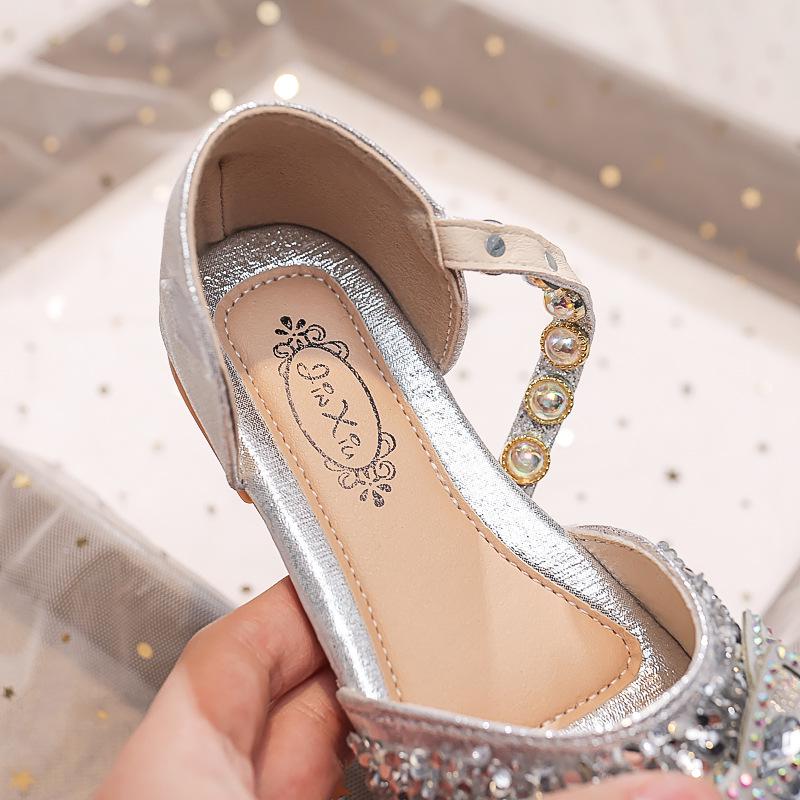 Sandali Aperti con Fiocco di Cristallo da Bambina - Scarpe da Principessa Estate 2025 con Suole Morbide per Esibizioni
