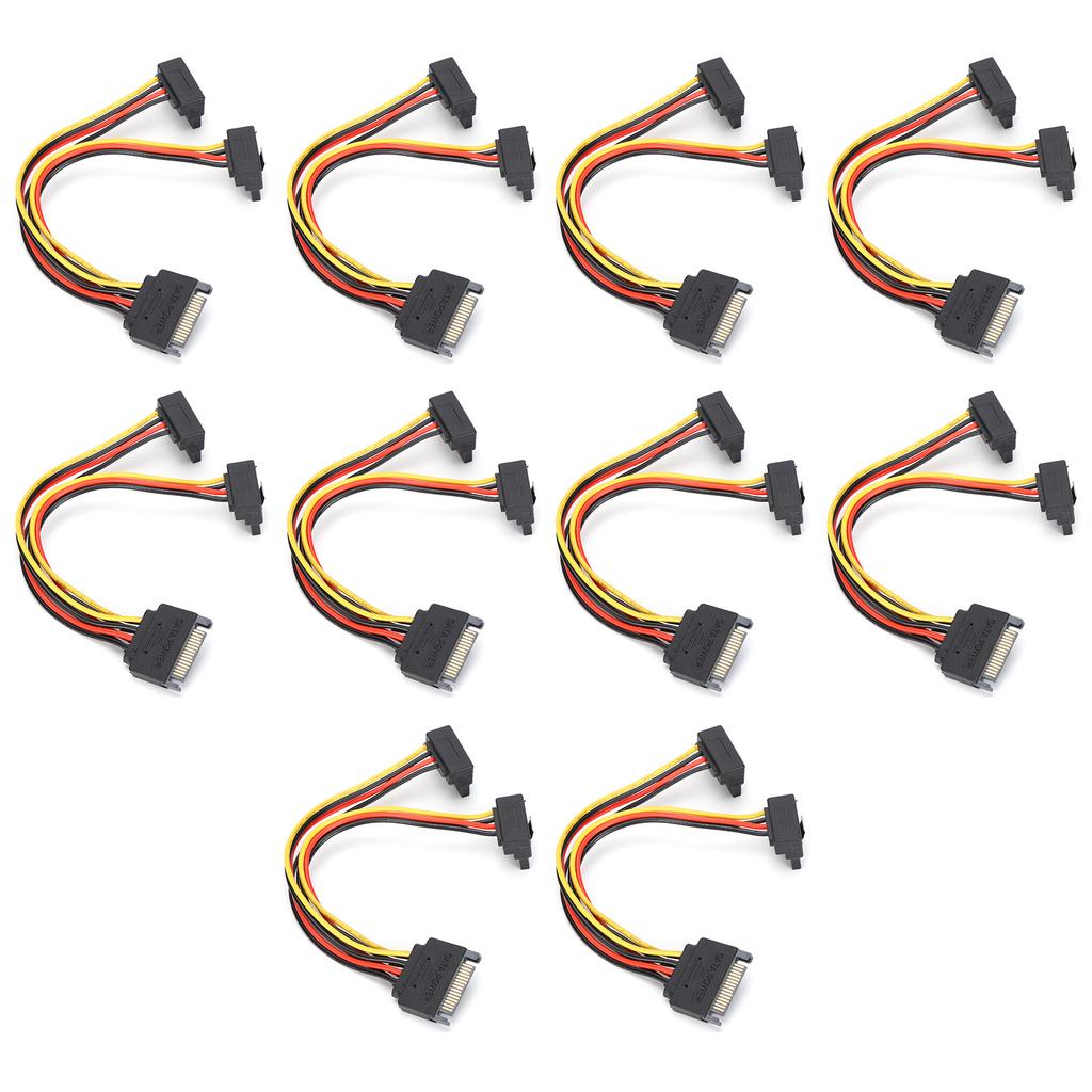 10Pcs SATA Power Adapter 15pin 1 Male to 2 Female Right Angle Connector Mains Cord for Transfer Data Charge