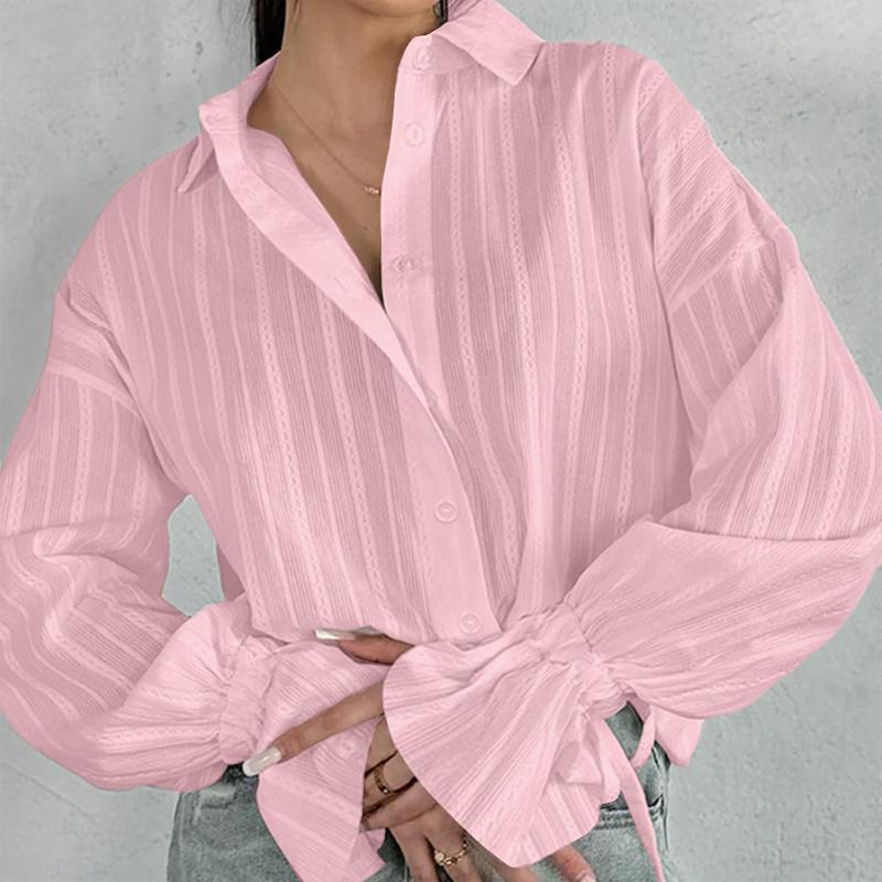 VONDA Women Fashion Solid Color Shirt Collar Striped Ruffle Long Sleeve Shirts