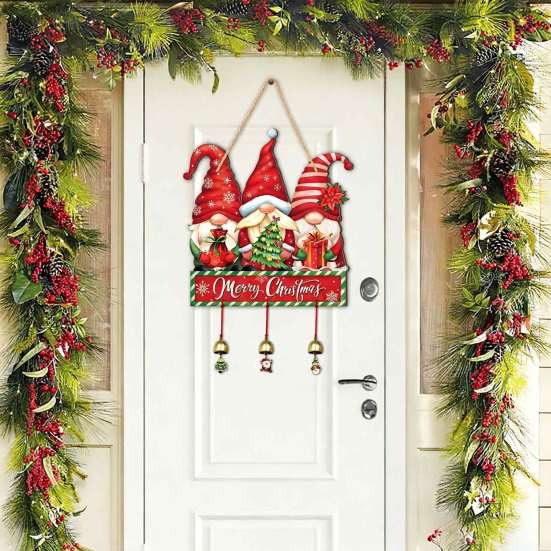 Santa Claus Wall Ornament Merry Christmas Wooden Door Hanging Sign with Bells, Rustic Snowman Black Cat Xmas Window Hanger Tree Reindeer Decorative