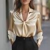 Women Shirt Lapel V-neck Knot Pleated Design Long Sleeve Pullover Tops Pure Color Smooth Satin Casual Tops Daily Wear