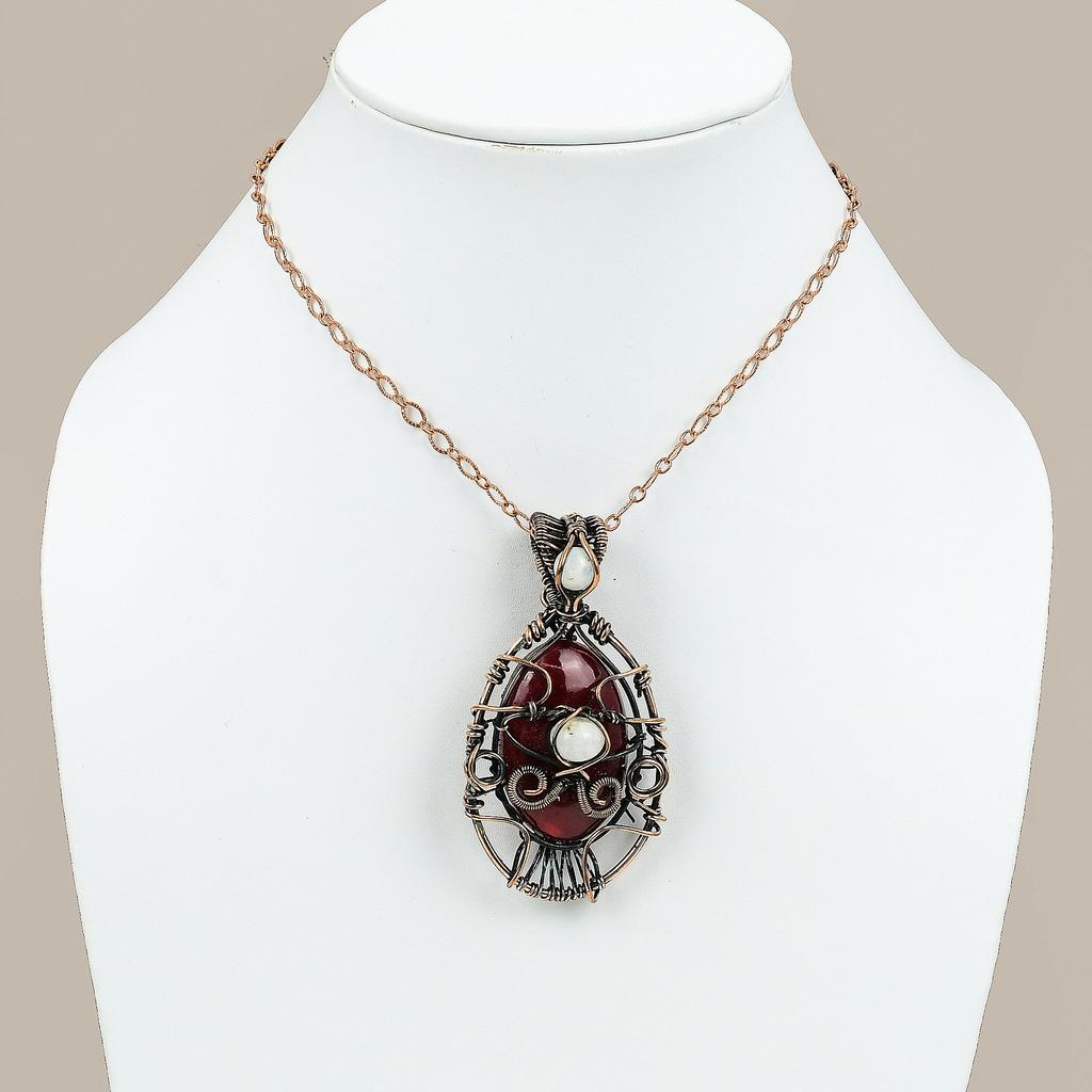 Natural Red Labradorite, Moonstone Gemstone Copper Wire Wrap Pendant 2.87" O5b07