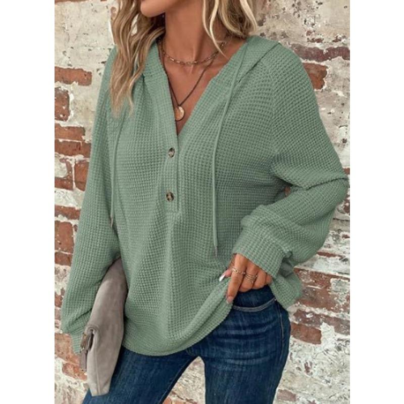 Women S Solid Color Hooded Buttoned Long Sleeve Sweatshirt