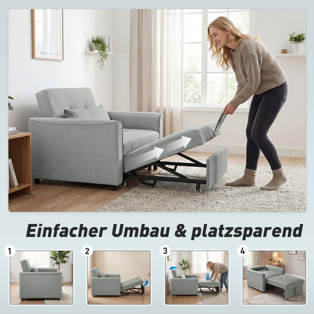 3-in-1 Sleeper Chair, Pull-Out Sofa Bed Chair with Adjustable Backrest, Grey