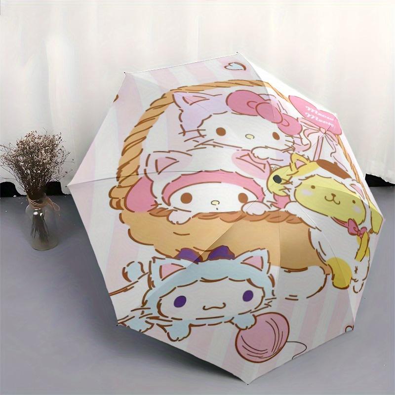 Hello Kitty in a Bamboo Basket Automatic Opening and Closing Umbrella, Lightweight 3-Fold, With Cute Cartoon Characters, Suitable for Home, Outdoor an