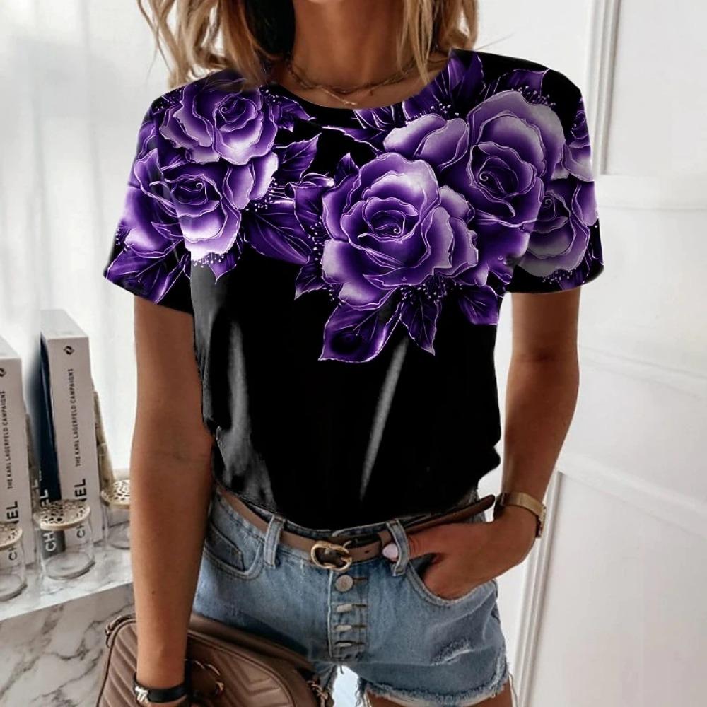 Summer Women's Rose 3D Printed Tee Shirts ONeck Pullover Floral Theme Painting Basic Tops Casually New Design Tee Shirts