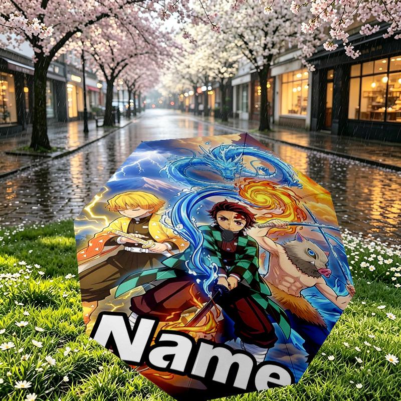 Custom Name Personalized Demon Slayer Print Umbrella, Auto Open Close, 8‑Rib Sturdy Frame, Commute Camping Hiking Use, Birthday Gift